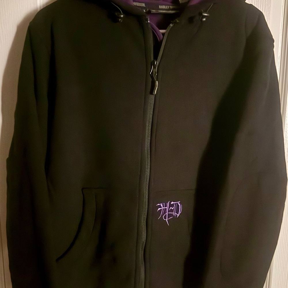 Harley-Davidson Black and Purple Softshell Hoodie Jacket. Purple Lined. Size Lge